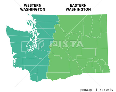 Western and Eastern Washington, political map. Regions of the state of Washington, in the Pacific Northwest region of the United States. Most residents live in the western part of the state. Vector Western and Eastern Washington, political map. Regions of the state of Washington, in the Pacific Northwest region of the United States. Most residents live in the western part of the state. Vector 123435615