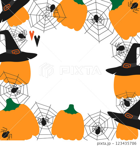 Pumpkins in Witch caps spiders on cobweb square Frame border Halloween greetings Copy space Template Pumpkins in Witch caps spiders on cobweb square Frame border Halloween greetings Copy space Template 123435786