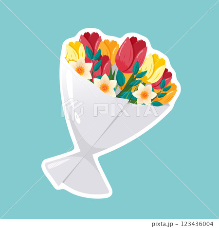 Spring Floral Bouquet with Tulips and Daffodils Flowers. Festive Greeting Card Design. 123436004