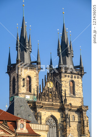 Gothic Church of the Mother of God before Tyn, popular tourist destination at the Old Town square in Prague, Czech Republic 123436055