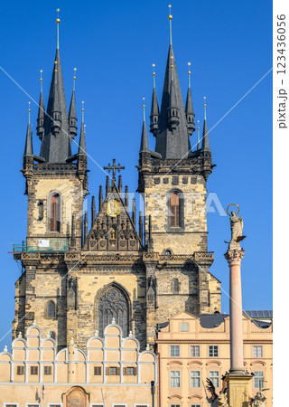 Gothic Church of the Mother of God before Tyn, popular tourist destination at the Old Town square in Prague, Czech Republic 123436056