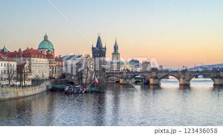 Panoramic sunset view of the iconic Charles Bridge over Vltava river and Prague Old town cityscape, in Prague, Czech Republic 123436058