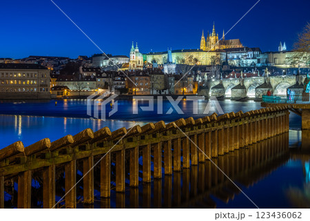 Panoramic night view of the iconic Charles Bridge over Vltava river and Prague Old town cityscape, in Prague, Czech Republic 123436062
