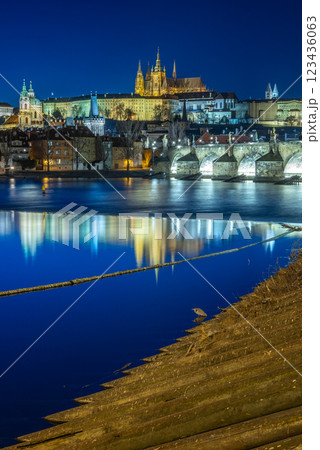 Panoramic night view of the iconic Charles Bridge over Vltava river and Prague Old town cityscape, in Prague, Czech Republic 123436063