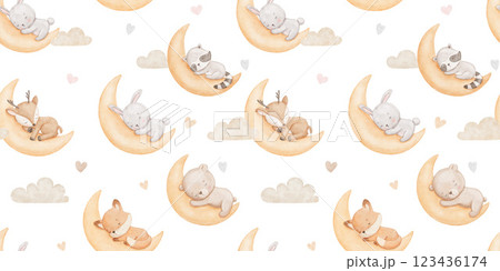 Seamless pattern with baby fox, bunny and bear sleeping on moon, watercolor illustrations. Woodland animals, repeating design for nursery 123436174