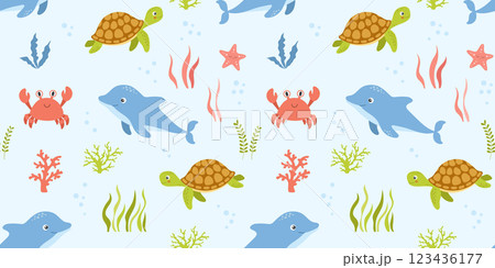 Seamless pattern with sea animals, underwater life, vector illustrations on white background. Nautical repeating design for nursery Seamless pattern with sea animals, underwater life, vector illustrations on white background. Nautical repeating design for nursery 123436177
