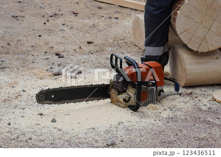 Chainsaw Cutting Wood in Motion a dynamic display of skill and efficiency in woodworking 123436511