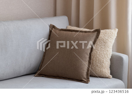 Stylish and Colorful Decorative Pillows on a Cozy and Modern Couch for Your Living Room Stylish and Colorful Decorative Pillows on a Cozy and Modern Couch for Your Living Room 123436516