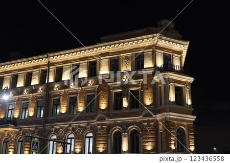 A Stunningly Illuminated Historic Building Gracing the Night with Its Majestic Presence 123436558