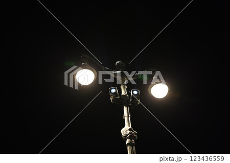An Illuminated Street Lamp Shines Brightly Against a Dark Night Sky Filled with Stars 123436559