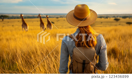 アフリカの野生動物を体験する女性一人旅 123436899