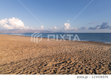 Sea shore. Beautiful empty beach in summer sunny day on Crete island in Greece. 123436976