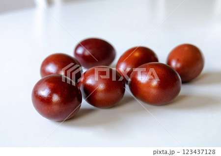 Chicken eggs painted red for Ester on white Chicken eggs painted red for Ester on white 123437128