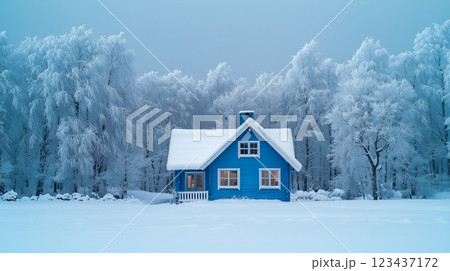 雪の森の中の静かな冬の小屋 123437172