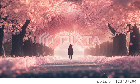 桜のトンネルを進む小学生のシルエット 123437204