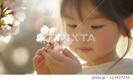 小学生の手元に咲く桜の優しいひととき 123437250