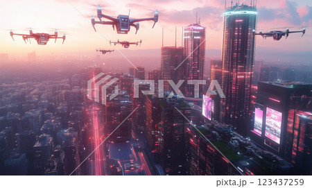 未来のスマートシティを飛び交う配送ドローン. 未来のスマートシティを飛び交う配送ドローン. 123437259