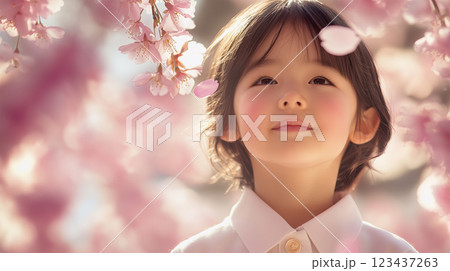 桜吹雪の中、新しい制服に身を包む小学生の記. 123437263