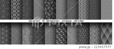 Geometric set of seamless black and gray patterns. Simple vector graphics 123437577