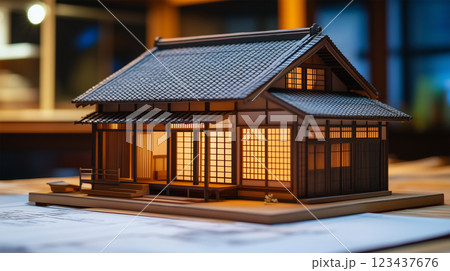 畳の上に置かれた日本の伝統的な家の模型 123437676
