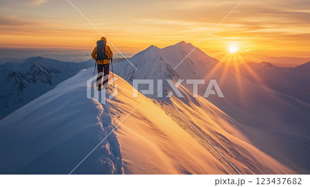 朝日に輝く雪山と登山者 123437682