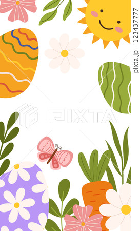 Easter eggs butterfly sun floral background greeting card template vertical banner social media story. 123437777