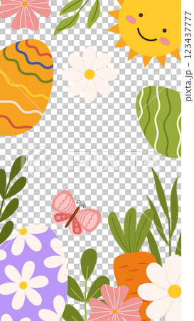 Easter eggs butterfly sun floral background greeting card template vertical banner social media story. 123437777