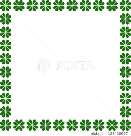 Square frame of abstract green clover leaves laid out in a row, isolated on a transparent background. Perfect for St. Patrick's Day designs and holiday decorations. High resolution vector illustration 123438097