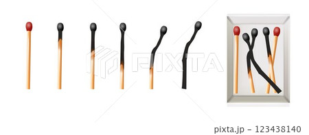 Matchbox, empty package for match sticks in top and perspective view. Realistic mockup of 3d blank box. Stages of burning the match. Symbol of ignition burning. Vector 123438140