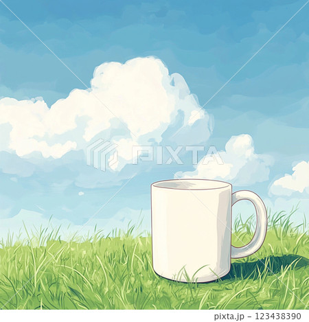 【合成ワークス】青空の下の草原の白いカップ 123438390