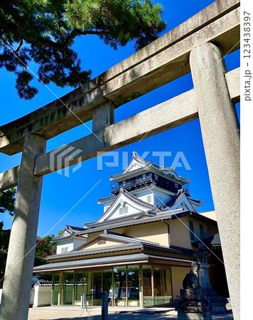 龍城神社の鳥居越しに仰ぎ見る青空の岡崎城天守閣〈岡崎城公園/愛知県岡崎市〉 龍城神社の鳥居越しに仰ぎ見る青空の岡崎城天守閣〈岡崎城公園/愛知県岡崎市〉 123438397
