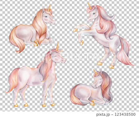 Set of hand drawn watercolor illustration of the Unicorns. Cute rainbow colors horse for Baby shower invitations or nursery wall art. Pastel Fantasy pony for kids greeting cards. 123438500