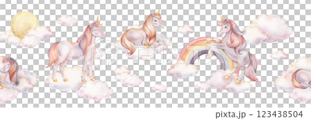 Seamless border with Unicorns and clouds. Hand drawn Illustrations of background for nursery wallpaper, baby textiles or children paper. Pastel Fantasy pattern pony with moon or sun and rainbow. 123438504