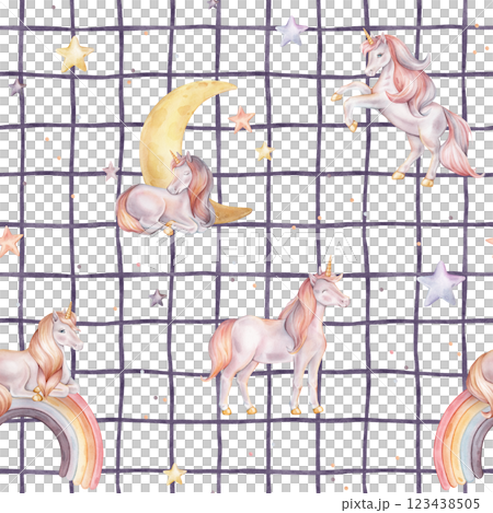 Seamless watercolor pattern with Unicorn and multicolored stars on isolated checkered background. Hand drawn Illustrations of background for baby textiles. Pastel colors pony with rainbow and moon 123438505