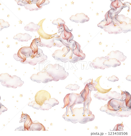 Seamless watercolor pattern with Unicorn and yellow stars, and clouds. Hand drawn Illustrations of background for nursery wallpaper, baby decor, textiles, or children paper. Pastel colors pony Seamless watercolor pattern with Unicorn and yellow stars, and clouds. Hand drawn Illustrations of background for nursery wallpaper, baby decor, textiles, or children paper. Pastel colors pony 123438506