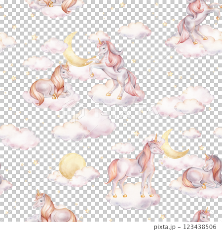 Seamless watercolor pattern with Unicorn and yellow stars, and clouds. Hand drawn Illustrations of background for nursery wallpaper, baby decor, textiles, or children paper. Pastel colors pony Seamless watercolor pattern with Unicorn and yellow stars, and clouds. Hand drawn Illustrations of background for nursery wallpaper, baby decor, textiles, or children paper. Pastel colors pony 123438506