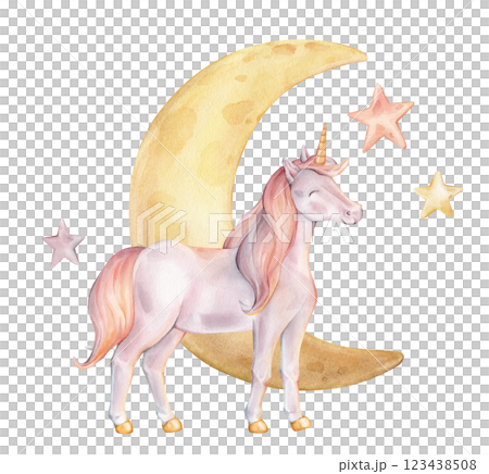 Hand drawn watercolor illustration of the Unicorn with moon and stars. Cute rainbow colors horse for Baby shower invitations or nursery wall art. Pastel Fantasy pony for kids greeting cards. Hand drawn watercolor illustration of the Unicorn with moon and stars. Cute rainbow colors horse for Baby shower invitations or nursery wall art. Pastel Fantasy pony for kids greeting cards. 123438508