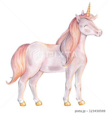 Hand drawn watercolor illustration of the Unicorn. Cute rainbow colors horse for Baby shower invitations or nursery wall art. Pastel Fantasy pony for kids greeting cards. 123438509
