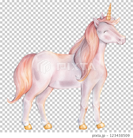 Hand drawn watercolor illustration of the Unicorn. Cute rainbow colors horse for Baby shower invitations or nursery wall art. Pastel Fantasy pony for kids greeting cards. 123438509