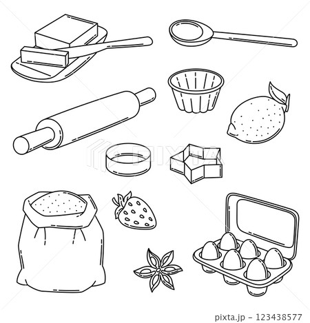 Set of bakery utensils. Cooking tools for home and recipe items. Set of bakery utensils. Cooking tools for home and recipe items. 123438577