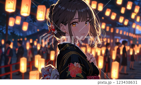 夜の神社で参拝する女性 123438631