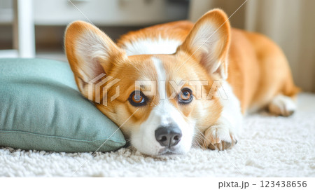 リビングでコチラを見るコーギー犬 123438656