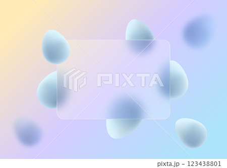 Glass morphism, abstract background. Frosted glass partition with floating blue Easter eggs. Easter holiday Glass morphism, abstract background. Frosted glass partition with floating blue Easter eggs. Easter holiday 123438801