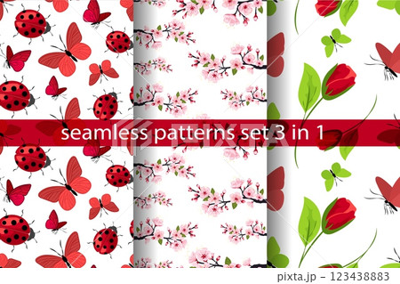 Colorful seamless pattern collection featuring butterflies, ladybugs, and floral designs for vibrant textile and wallpaper projects 123438883