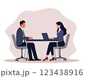 Professional job interview illustration featuring a man and woman in a formal office setting. Perfect for career, recruitment, HR, business, and corporate concepts 123438916