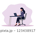 Professional businesswoman working on a laptop in a modern office setting. Ideal for concepts of remote work, productivity, career growth, and corporate success 123438917