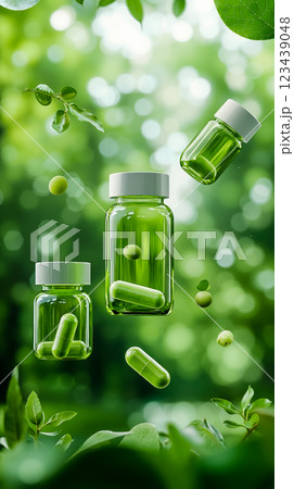 A group of green pills flying out of a glass bottle A group of green pills flying out of a glass bottle 123439048