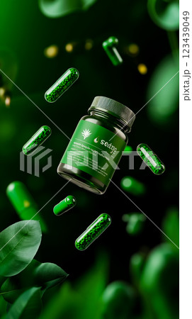 A bottle of green capsules flying through the air A bottle of green capsules flying through the air 123439049