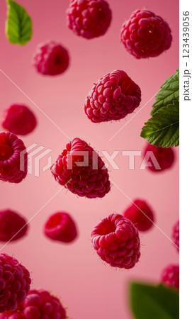 A bunch of raspberries flying in the air with leaves A bunch of raspberries flying in the air with leaves 123439056