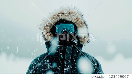 A person wearing a jacket and goggles in the snow A person wearing a jacket and goggles in the snow 123439067